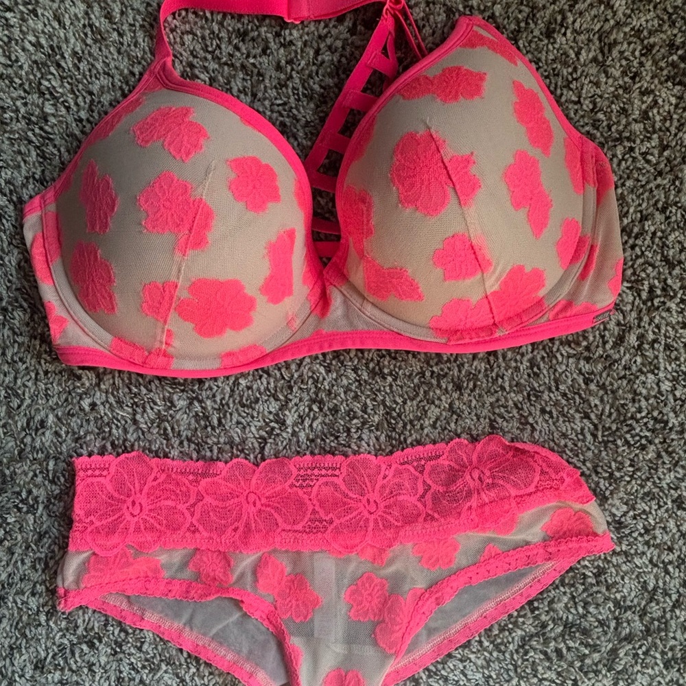 PINK Victoria's Secret Neon Floral Lace Bra and Panty Set